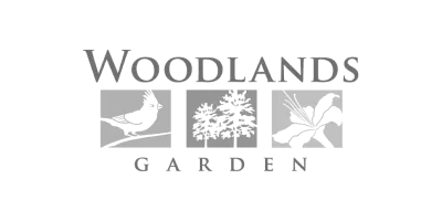 Woodlands Garden logo with stylized text and bird, tree, and flower icons.