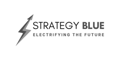 Strategy Blue logo with lightning bolt and tagline Electrifying the Future.