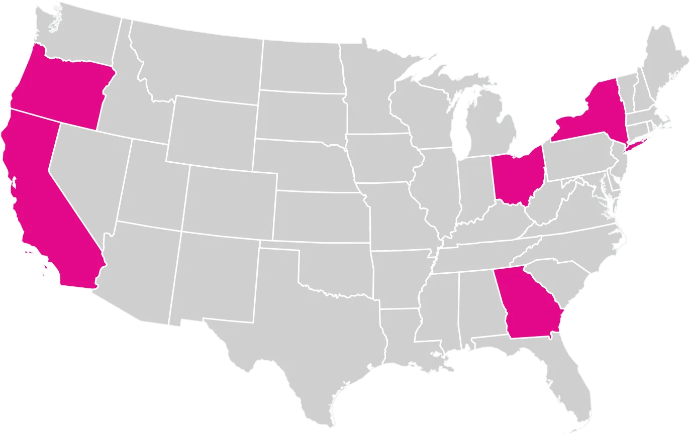 Map of the United States with California, Oregon, New York, Ohio, and Georgia highlighted in pink.