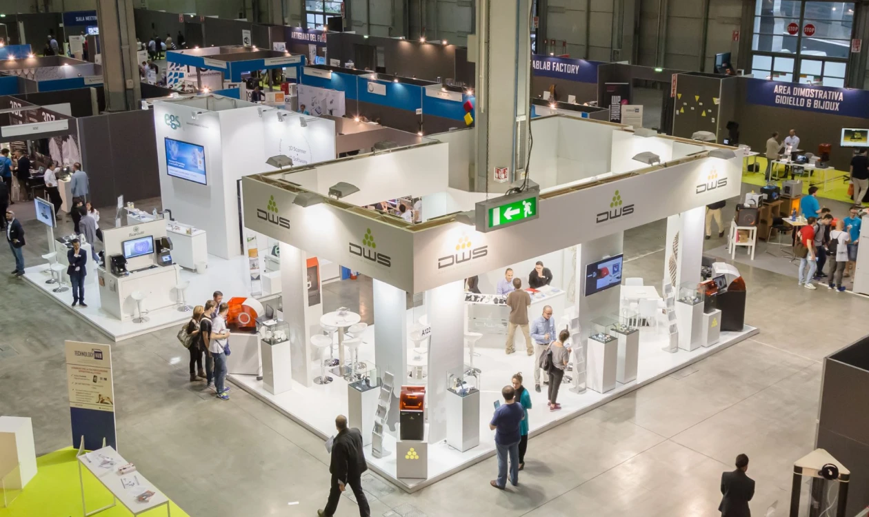 A trade show booth with a simple, interactive design
