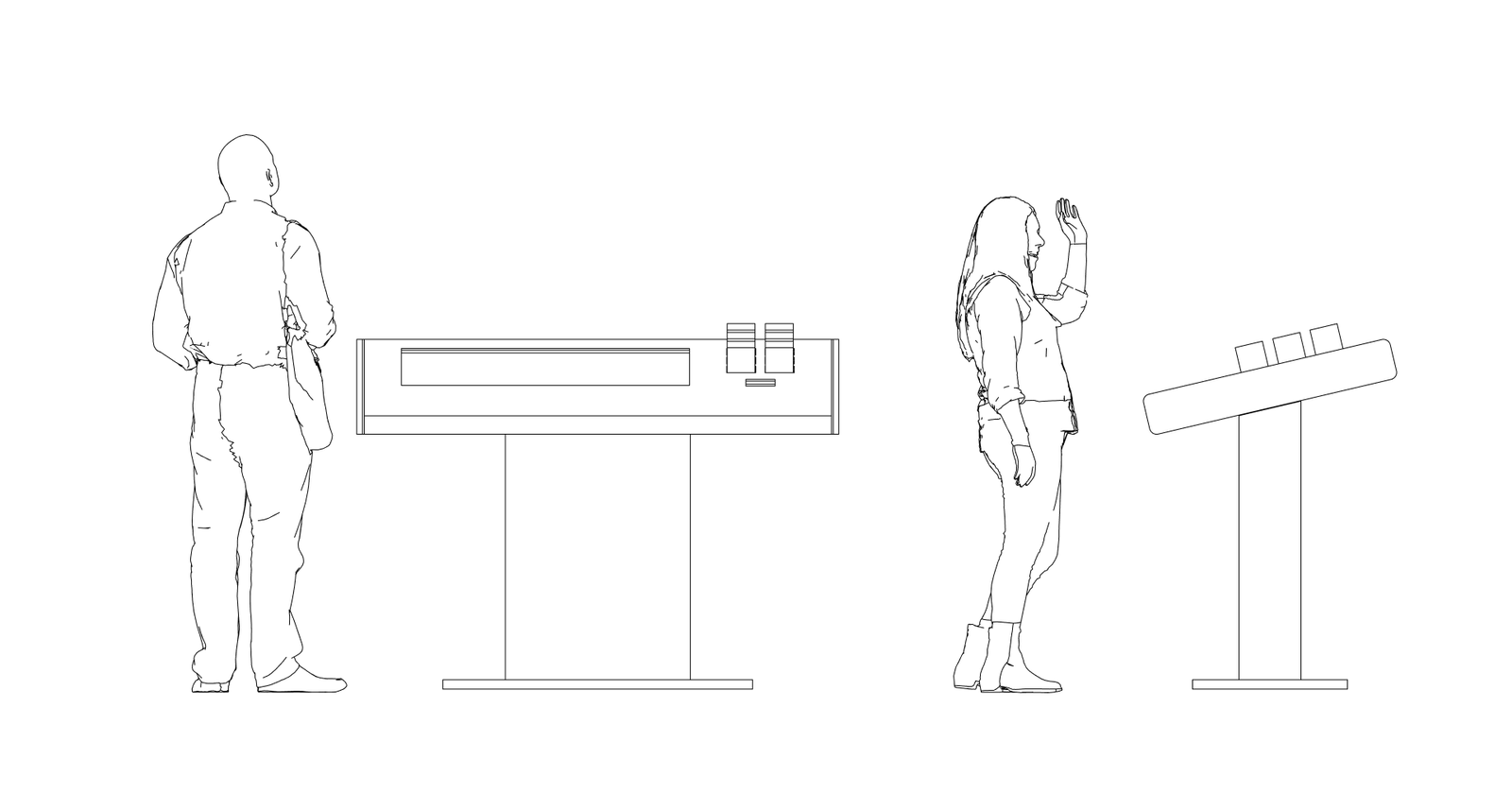 Desenho de escala da Mesa Cubos em duas vistas, de frente e de perfil, com pessoas em pe ao lado