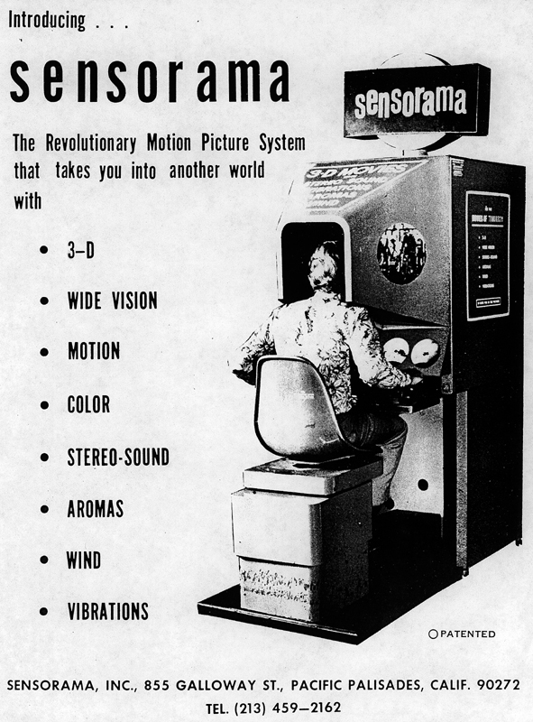 Anúncio do Sensorama, máquina de Morton Heilig que combinava imagem 3D, som, vento, aromas e vibração