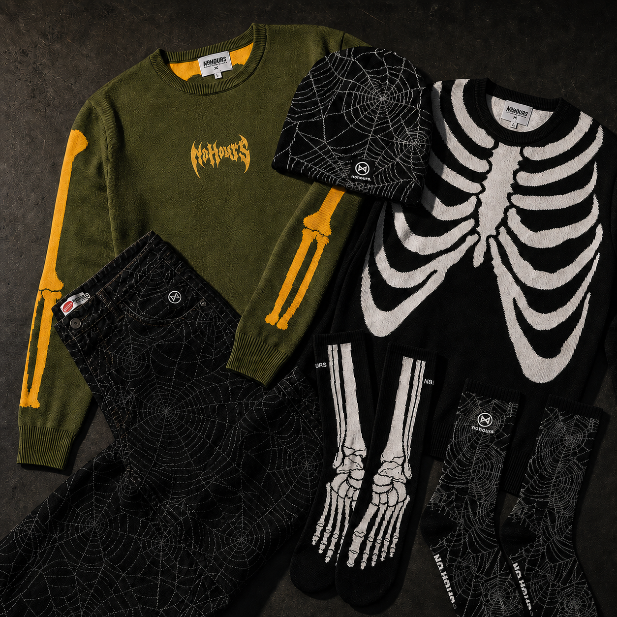 NoHours campaign creative with skeleton knitwear, web denim, a beanie and bone socks.