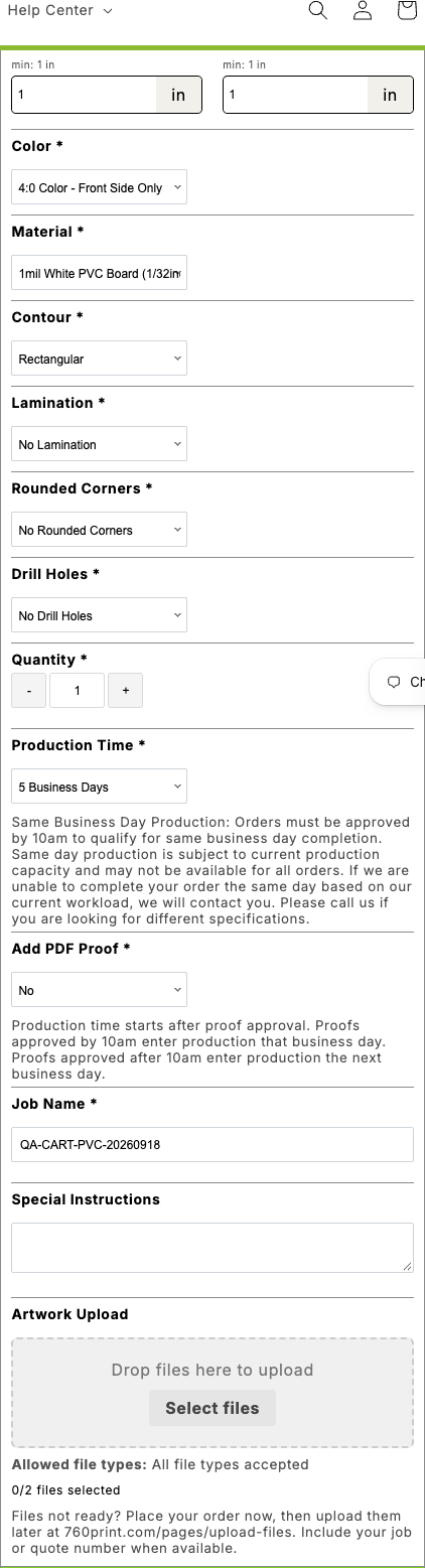 760 Print customer product configurator with material, finishing, production and artwork options.