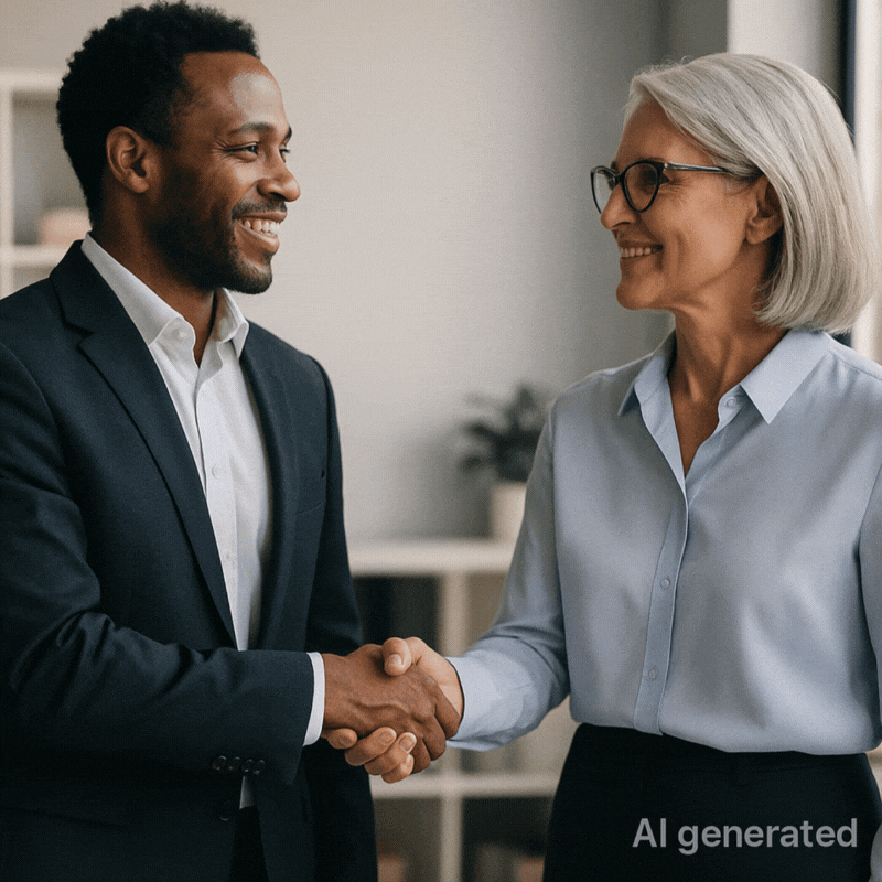 Two people shaking hands in an office with an "AI-generated" label and a compliance tag