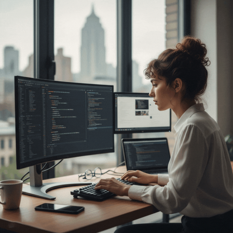 A developer working in an office with a red "non-compliance" tag