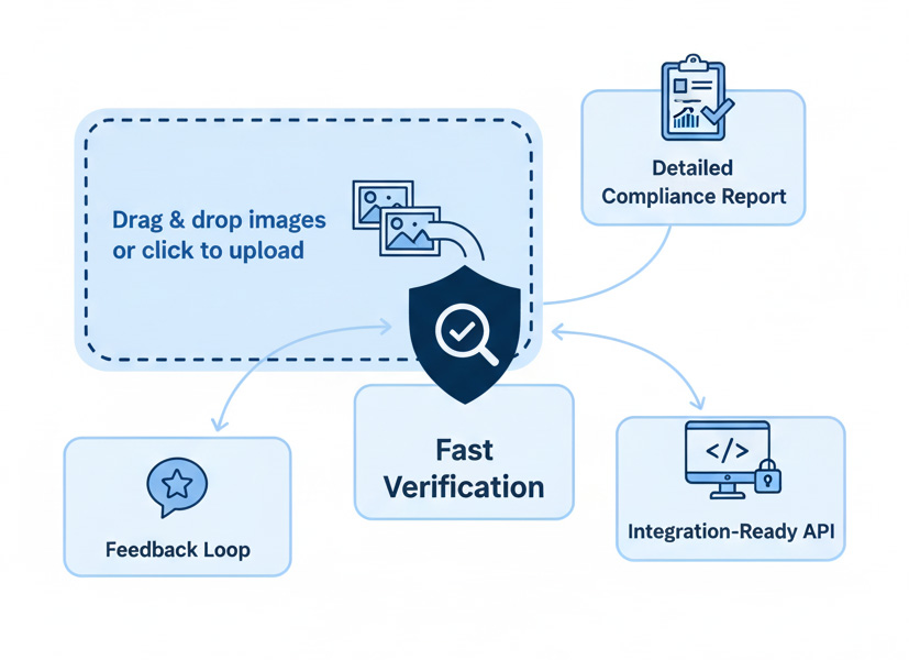 An illustrative chart with icons outlining drag & drop images, a detailed compliance report, a feedback loop, and an integration-ready API