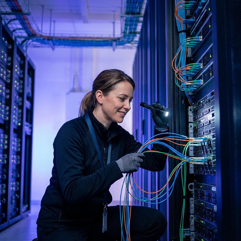 A technician holding a flashlight while connecting colorful cables in a server room.