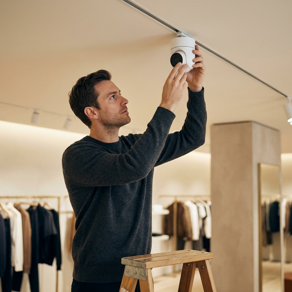 Man standing on a wooden ladder installing a white security camera on a ceiling track in a clothing store.