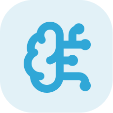 Brain with connected lines on a light, rounded square background.