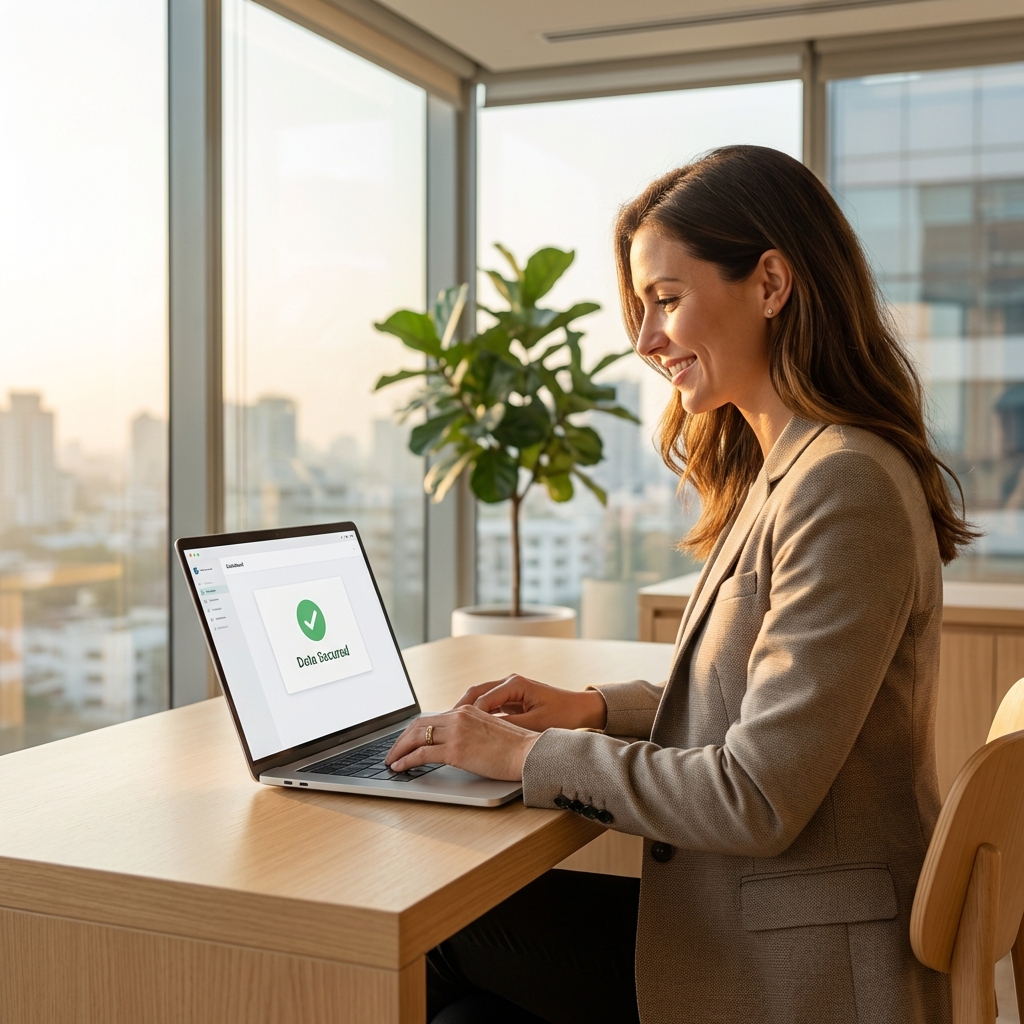 Smiling woman in a blazer typing on a laptop displaying a 'Data Secured' message.