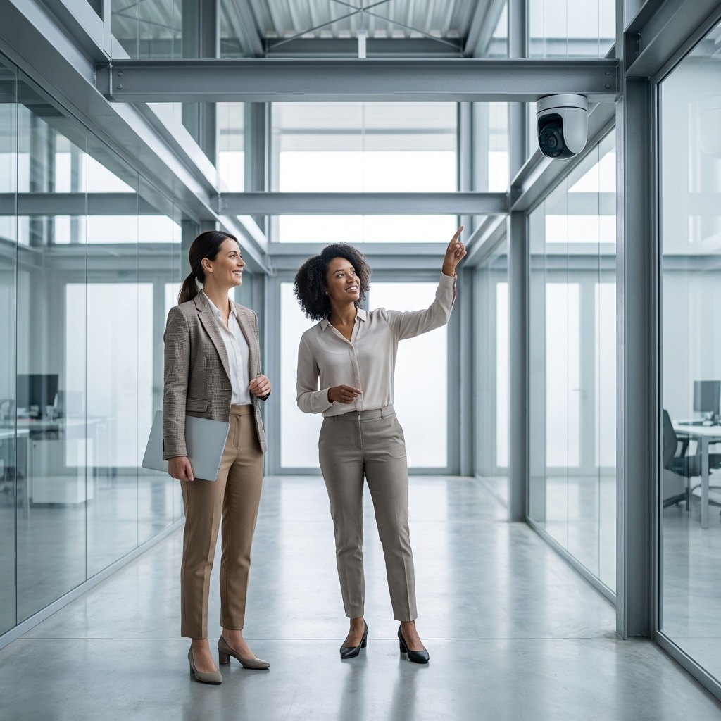 Two businesswomen in an office hallway, one pointing at a security camera mounted on the ceiling.