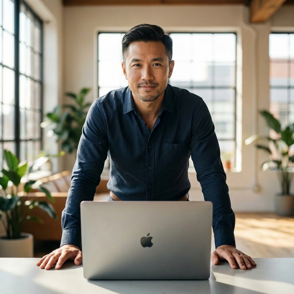 A man leaning on a desk with a laptop in front of him in a bright office space.