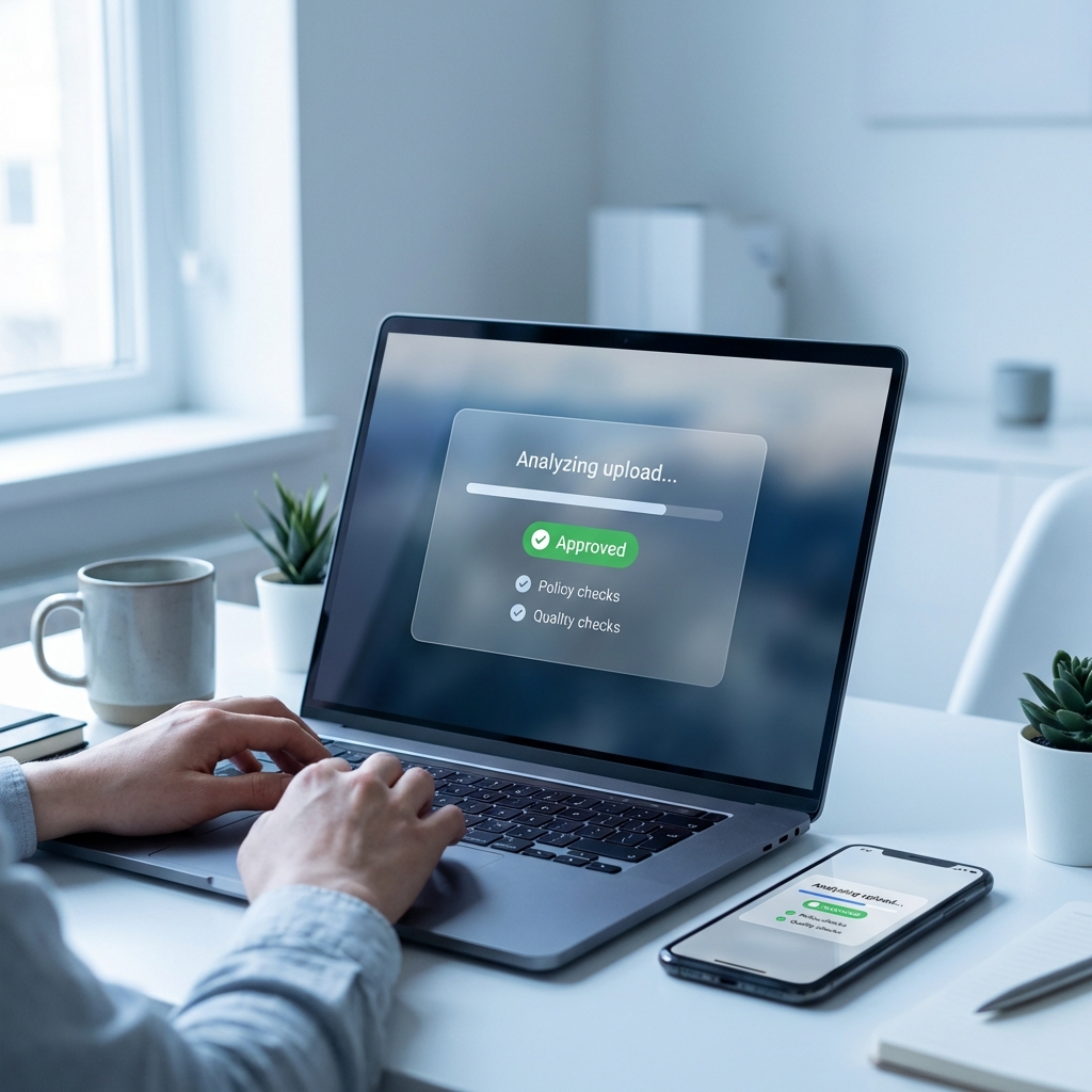 Four business professionals wearing badge lanyards entering a building through glass doors.