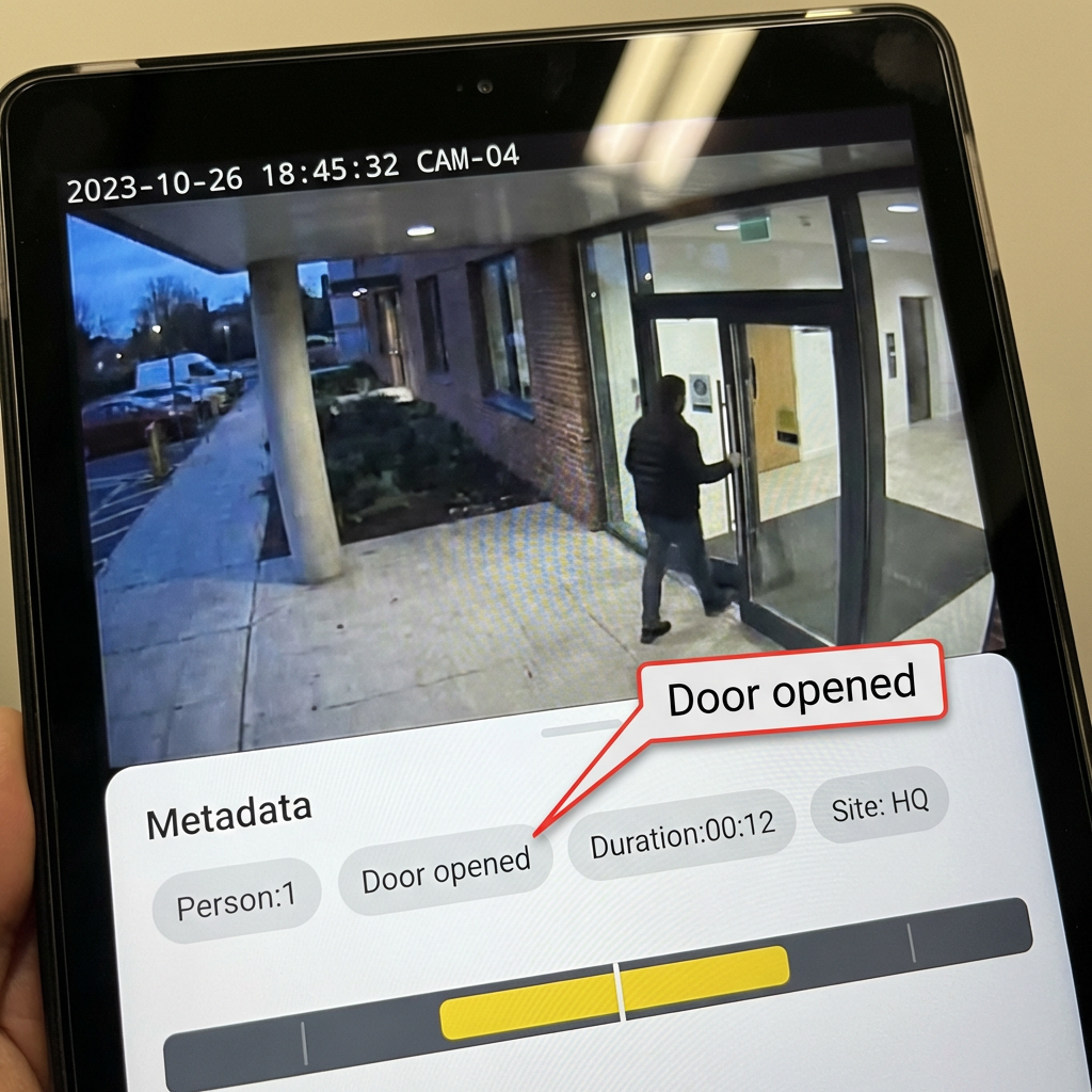 Four business professionals wearing badge lanyards entering a building through glass doors.