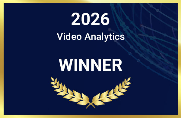 2026 Video Analytics Winner text with gold laurel wreath on dark blue background with gold border.