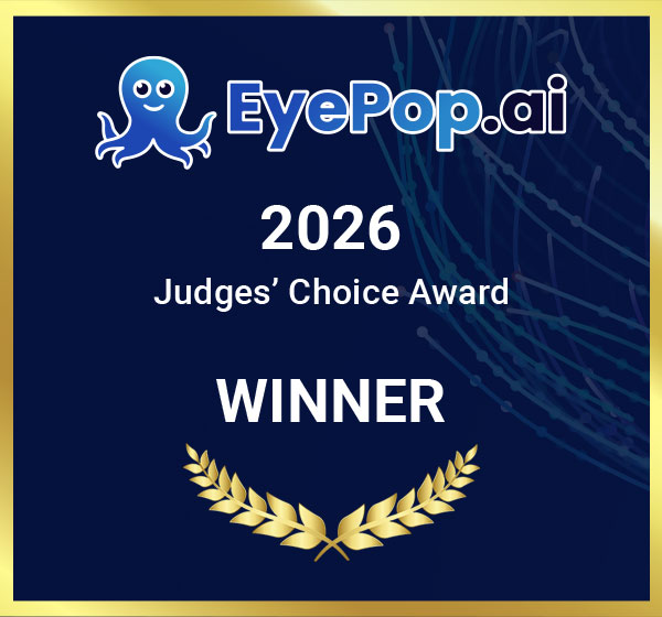 EyePop.ai logo with text 2026 Judges' Choice Award Winner and gold laurel leaves on dark blue background.