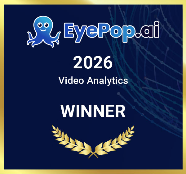 EyePop.ai 2026 Video Analytics Winner emblem with an octopus logo and golden laurel wreath on dark blue background.