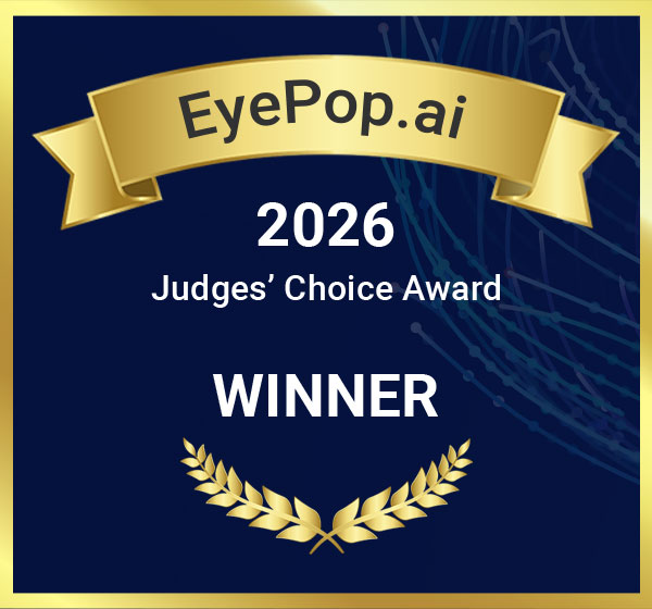 Gold and navy blue award badge for EyePop.ai Winner of the 2026 Judges' Choice Award with a gold ribbon and laurel leaves.