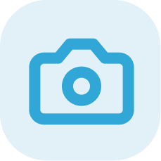 Blue camera icon with rounded edges on a light blue square background.