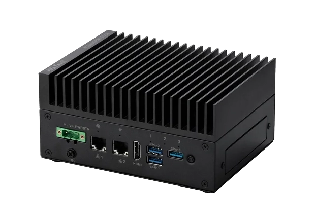 Compact black computer with fins for cooling, multiple ports including USB, HDMI, Ethernet, and power connectors.
