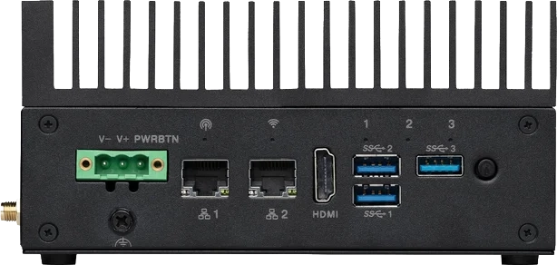 Back panel of a device with power terminal, two Ethernet ports, HDMI port, three USB ports, and a power button.