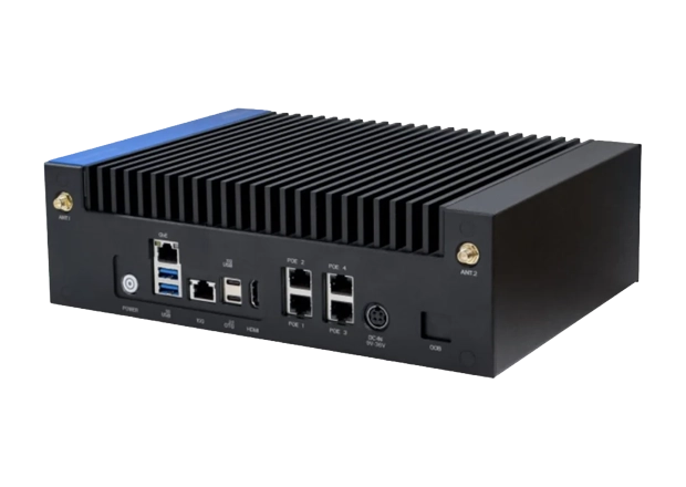 Black compact computer with multiple USB, Ethernet, HDMI, and power ports and cooling fins on top.
