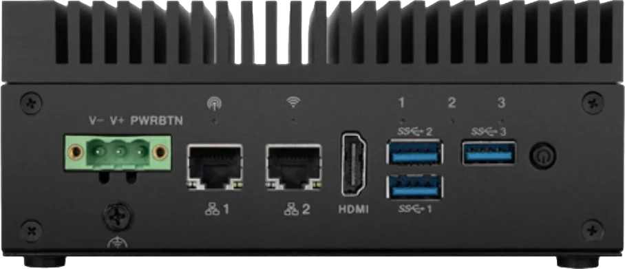 Back view of a small computer with power connector, two Ethernet ports, HDMI, and three blue USB ports.