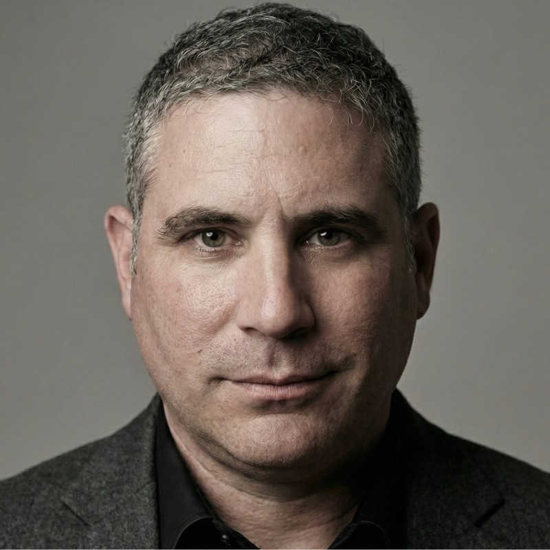 Close-up portrait of a middle-aged man with short salt-and-pepper hair, wearing a dark suit jacket and black shirt, looking directly at the camera with a neutral expression against a plain gray background.