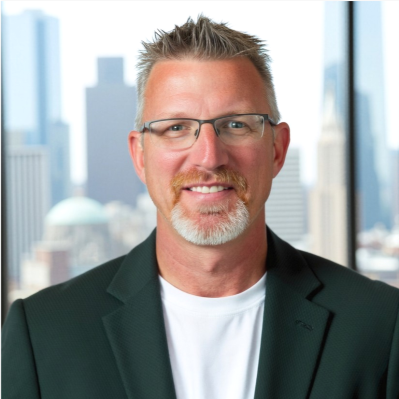 Smiling middle-aged man with short gray-streaked hair, glasses, and a trimmed beard, wearing a black blazer and white shirt, with a blurred cityscape background.
