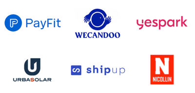 Logos of companies PayFit, Wecandoo, Yespark, Urbasolar, Shipup, and Nicollin arranged in two rows.