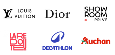 Logos of luxury and retail brands Louis Vuitton, Dior, Showroom Privé, Laredoute, Decathlon, and Auchan.