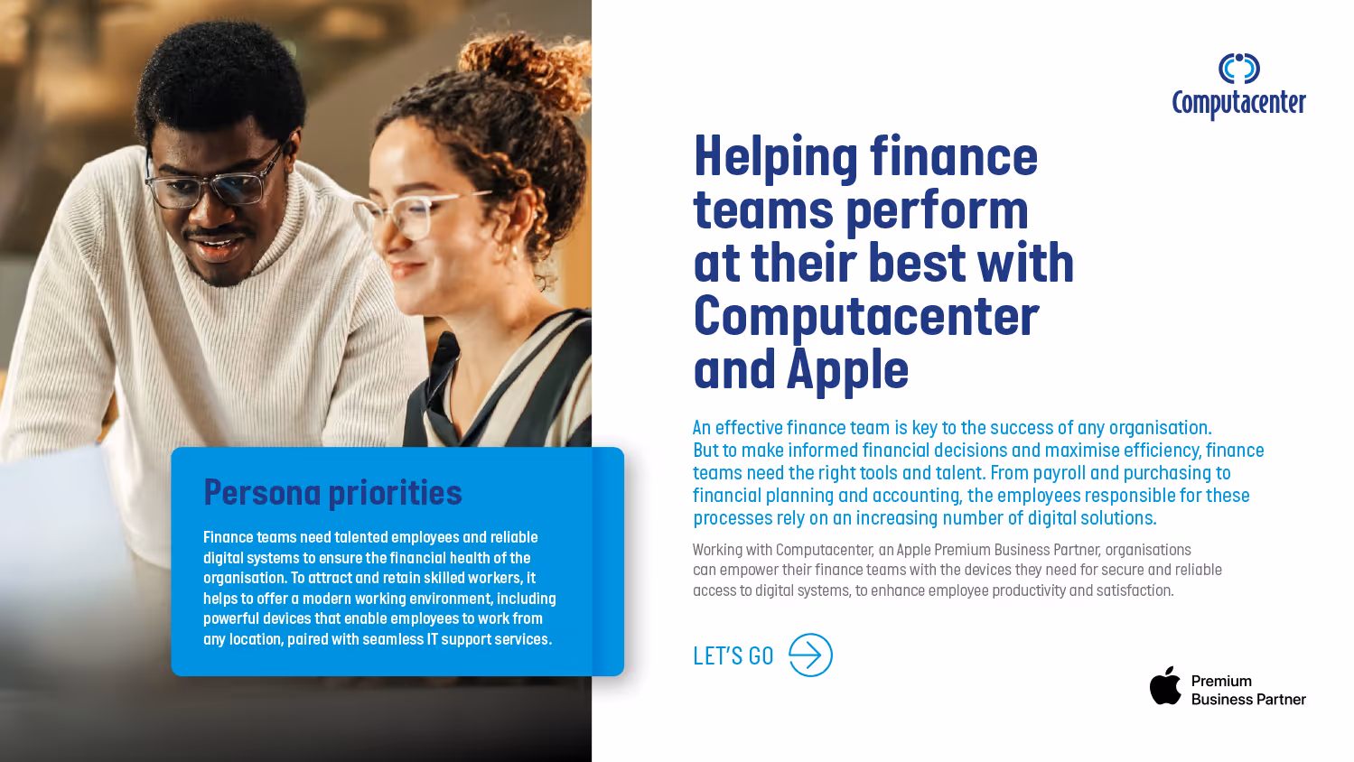 Asset thumbnail: Two professionals collaborating over documents with text about helping finance teams perform using Computacenter and Apple solutions.