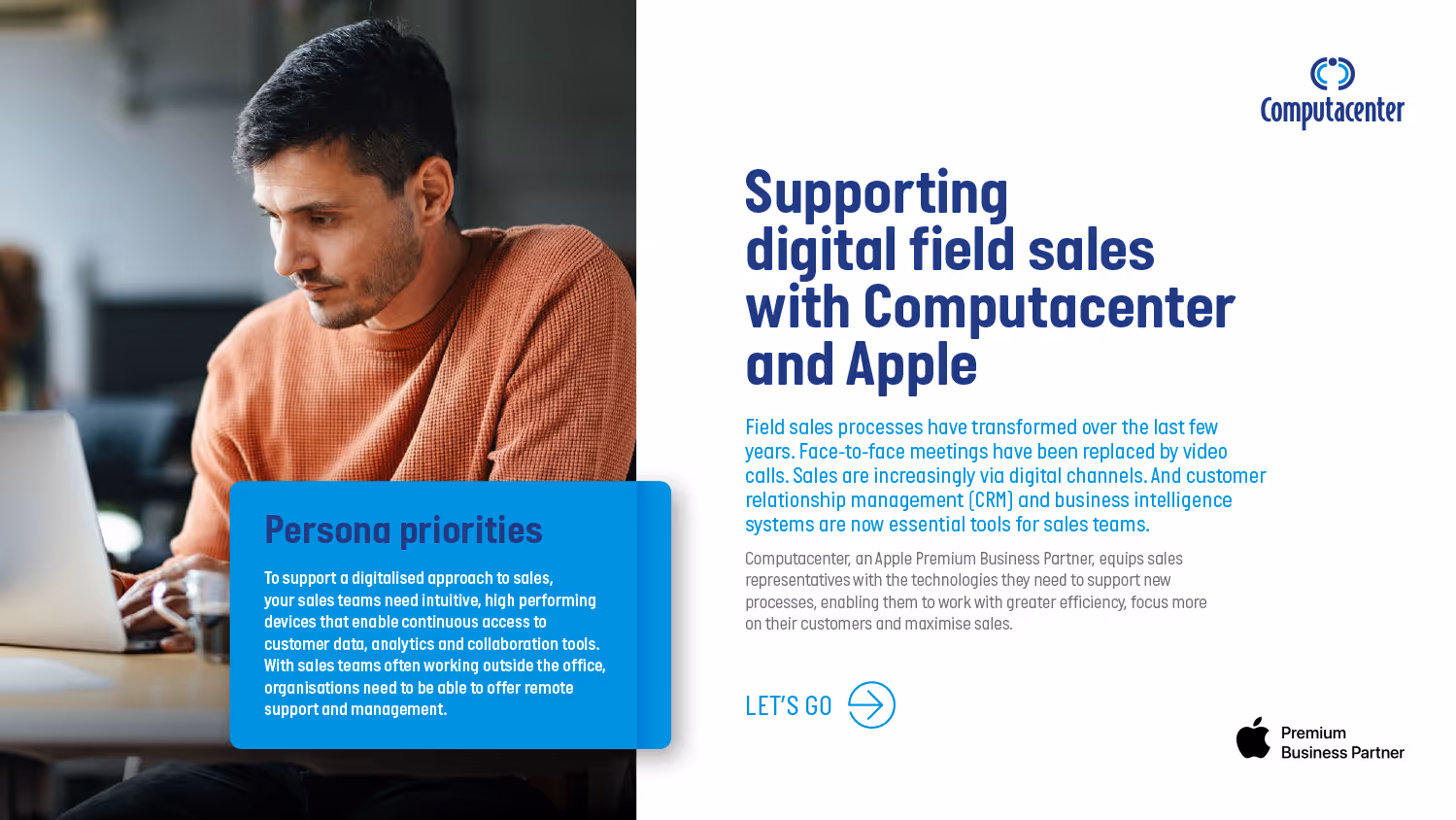 Asset thumbnail: Man in orange sweater using laptop at a desk next to text about supporting digital field sales with Computacenter and Apple, highlighting persona priorities and remote support.