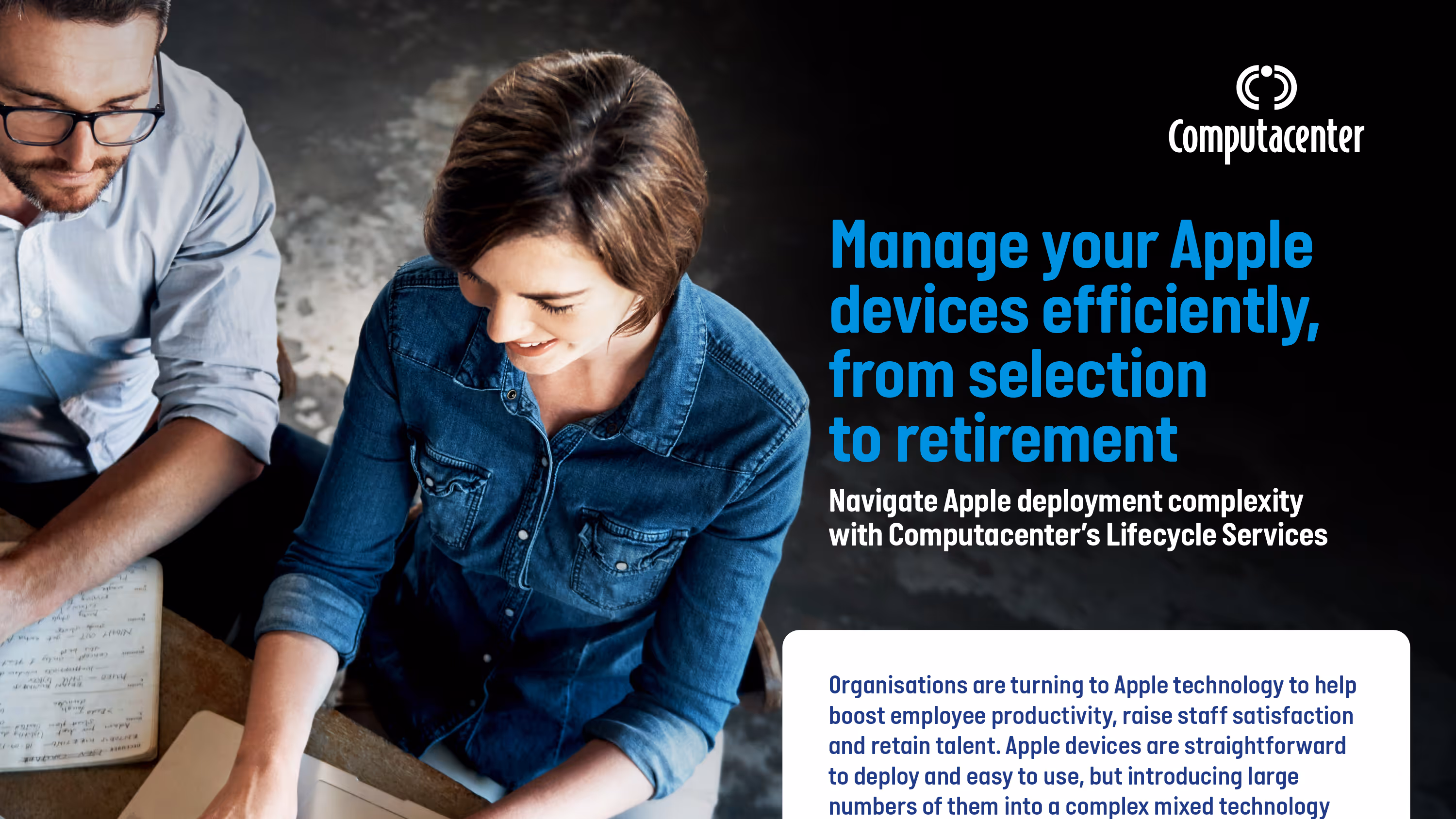 Computacenter Apple Lifecycle Services infographic detailing efficient management of Apple devices from selection to retirement with service offerings and business benefits.