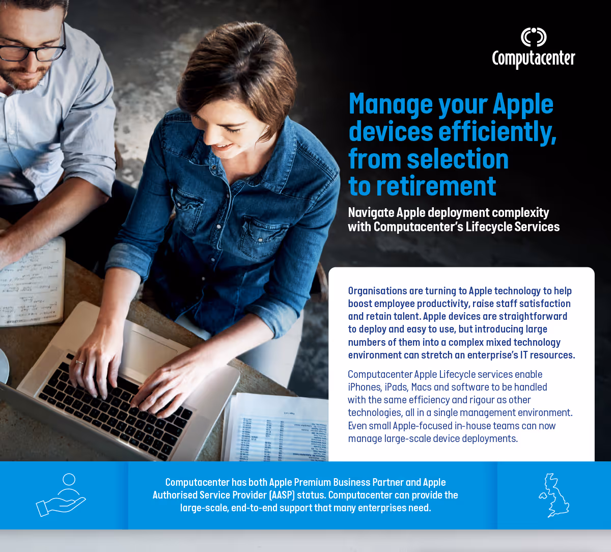 Computacenter Apple Lifecycle Services infographic detailing efficient management of Apple devices from selection to retirement with service offerings and business benefits.