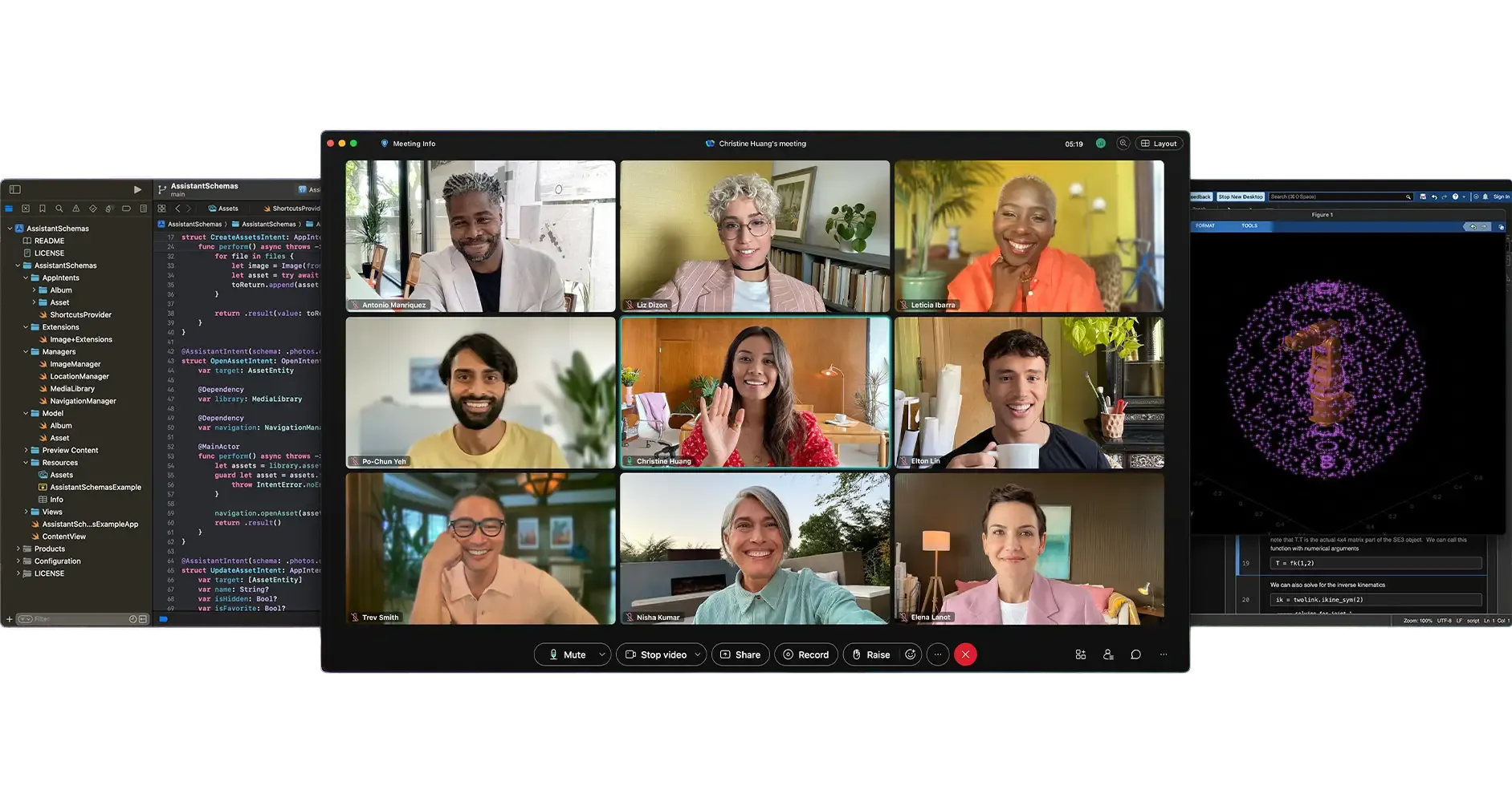 Video conference screen with nine diverse participants smiling and one person waving, surrounded by coding and data visualisation screens.