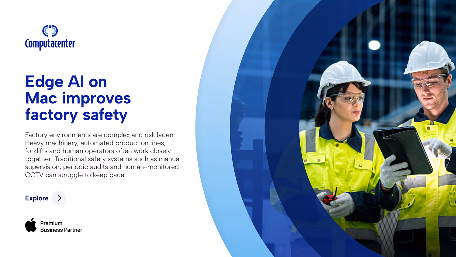 Two factory workers in safety gear looking at a tablet, symbolising AI improving factory safety.