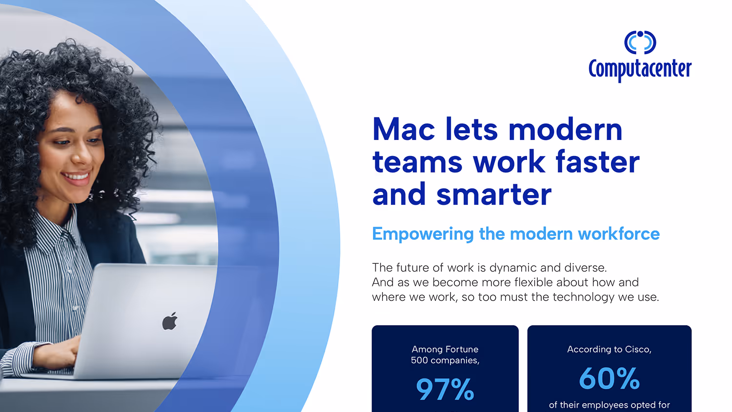 Woman using a MacBook laptop; text about Mac enabling teams to work faster and smarter.