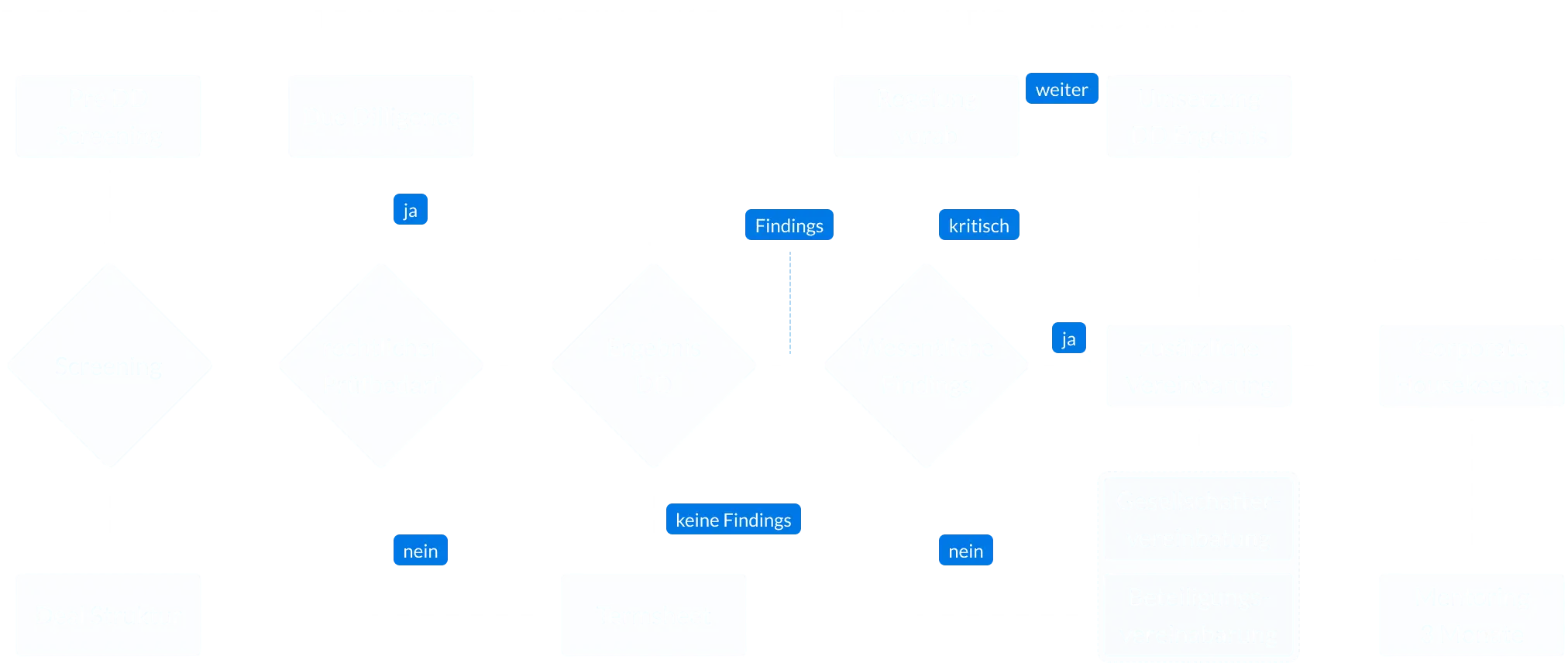 Flowchart outlining venture capital process with stages: Pre DD Screening, Due Diligence, Due Diligence Result, Essential Findings, Pre-Agreement Regulation, Additional Agreement, Housekeeping, and Mentoring over 6 months, showing decision points with yes/no outcomes in German.