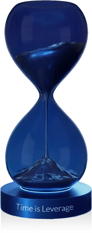 Blue hourglass with black sand flowing from top to bottom, placed on a base labeled 'Time is Leverage'.