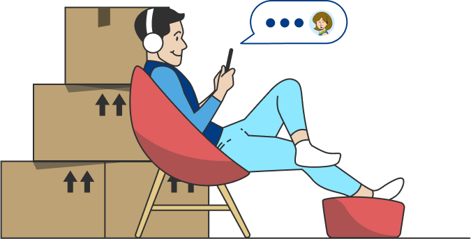 A person sitting on a red chair on their phone with MoveBuddy.