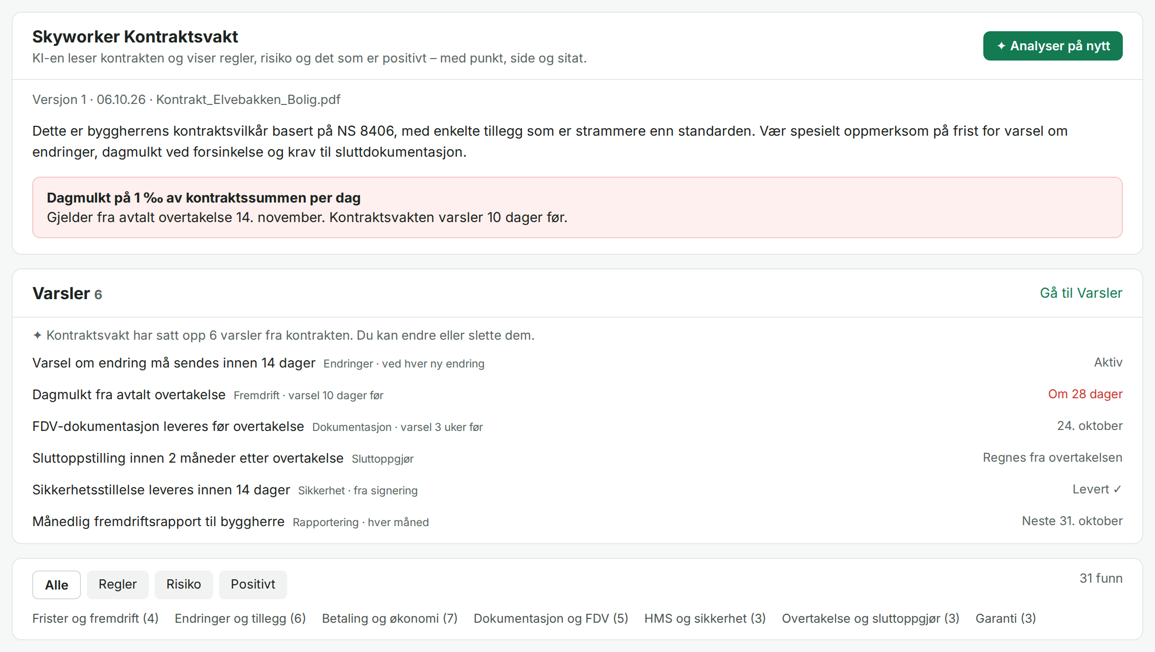 Kontraktsvakt: AI-analyse av kontrakten med varsler og funn