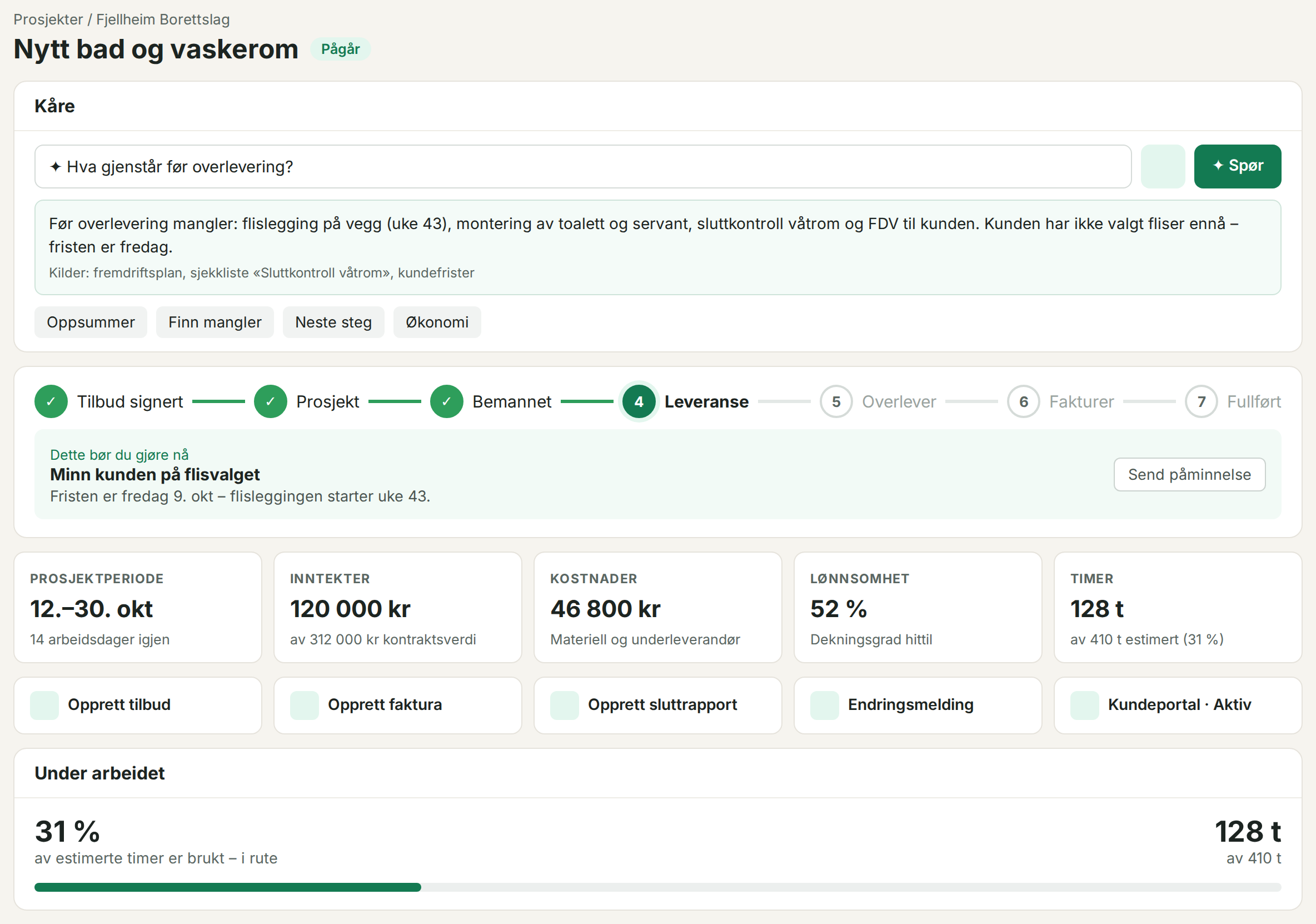Prosjektoversikt i Skyworker med Kåre, status, neste steg og nøkkeltall