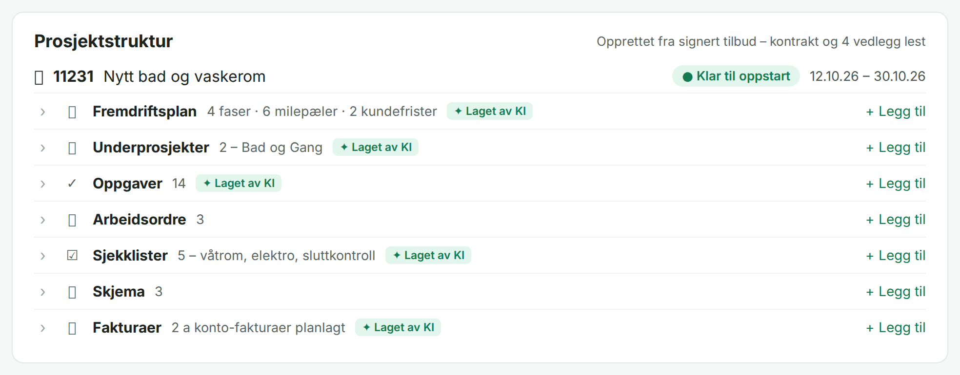 Prosjektstruktur laget av AI fra signert tilbud: fremdriftsplan, oppgaver, sjekklister og fakturaer