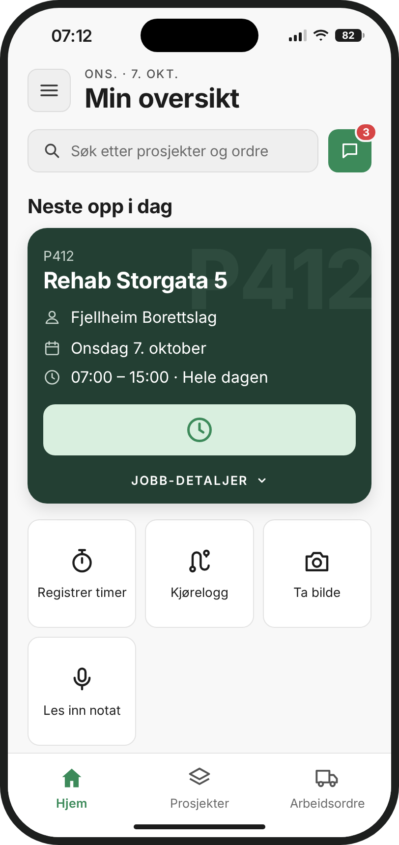 Skyworker-appen: dagens jobb, timer, kjørelogg, bilde og notat