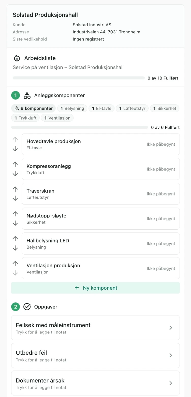 Arbeidslista i Skyworker – teknikeren går gjennom komponentene på anlegget