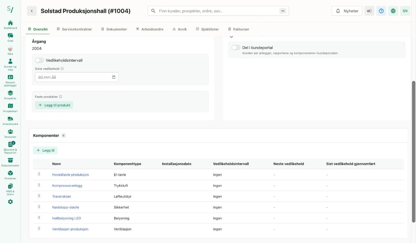 Ett anlegg i Skyworker – faner og komponentliste