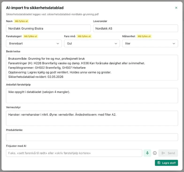 AI-import fra sikkerhetsdatablad i Skyworker – feltene er fylt ut automatisk