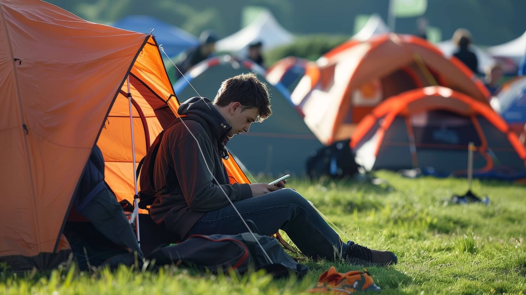 Festivalgoer sitting outside a tent checking their phone, highlighting battery anxiety and the need for reliable phone charging at events.